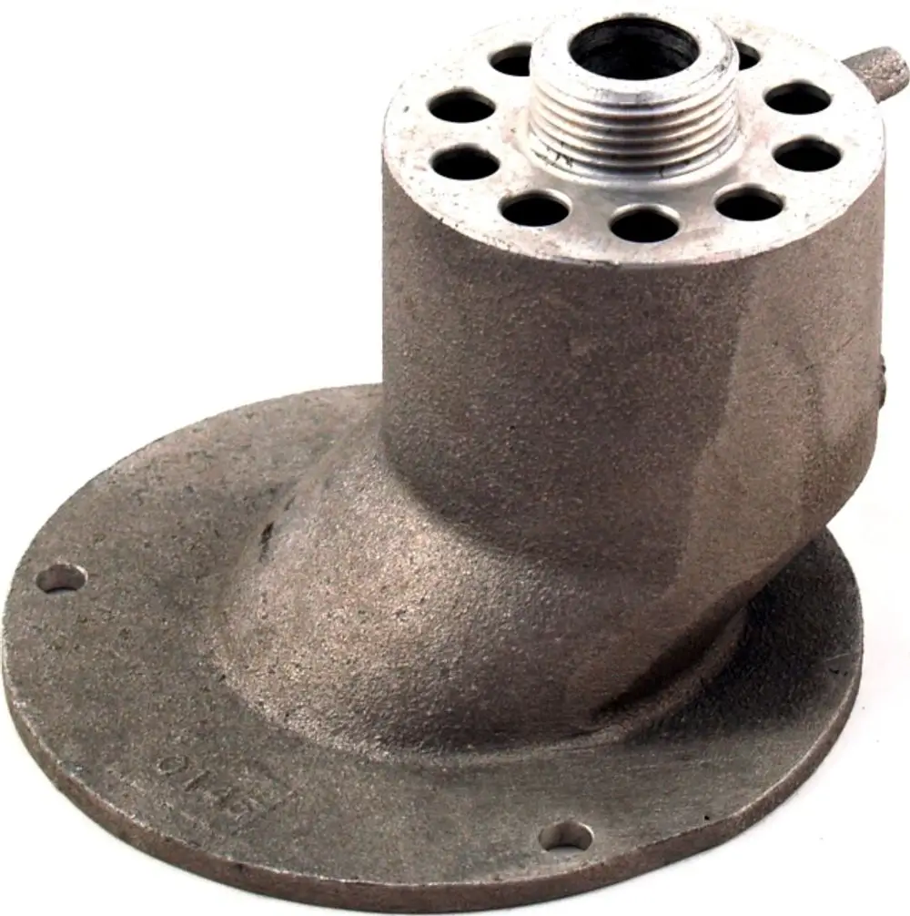 Mischkammer aus Metall mit gewölbtem Anschluss und mehreren Bohrungen. Das Produkt könnte für Motoren von Wolf verwendet werden.